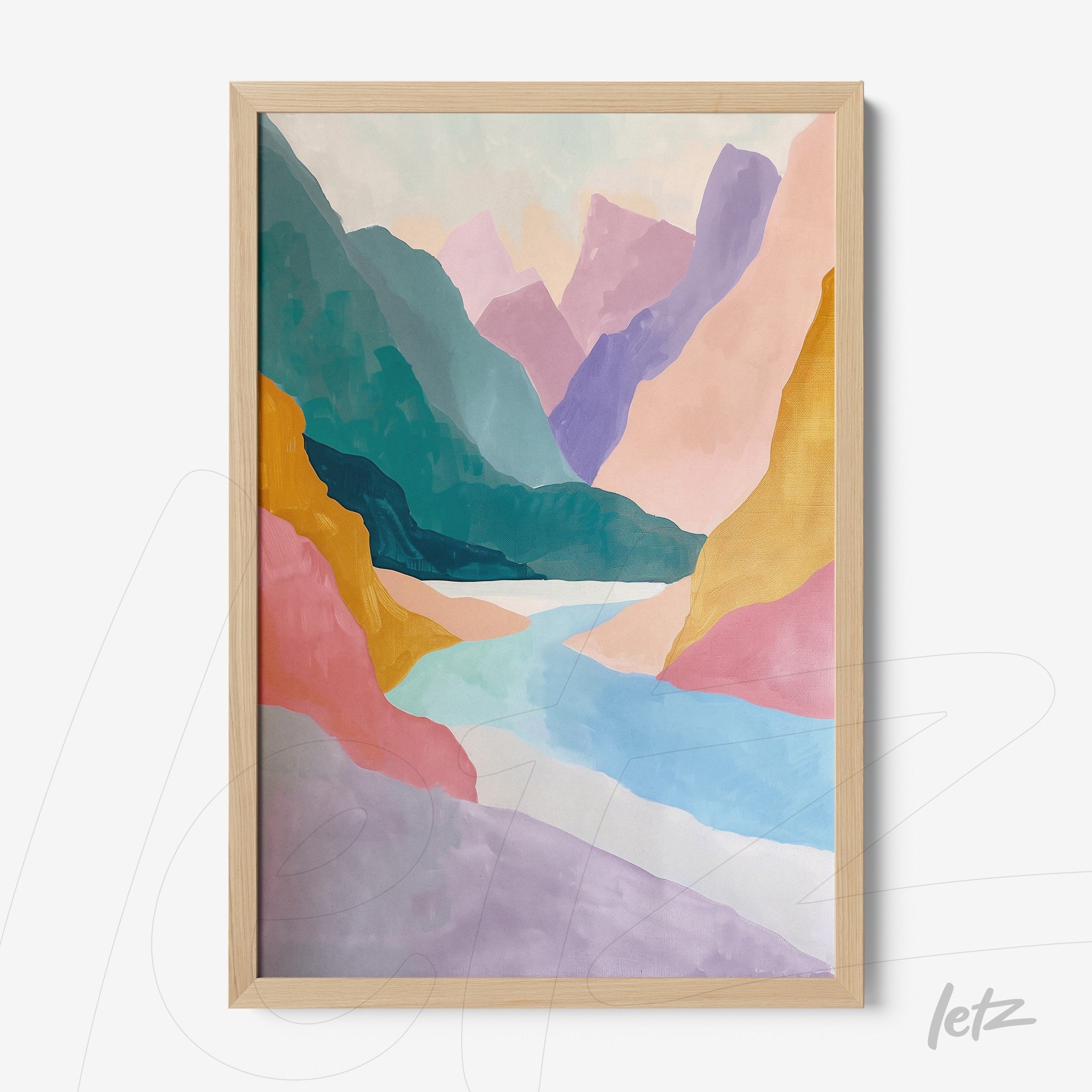 framed abstract landscape art featuring colorful mountains and a serene river with light wooden frame