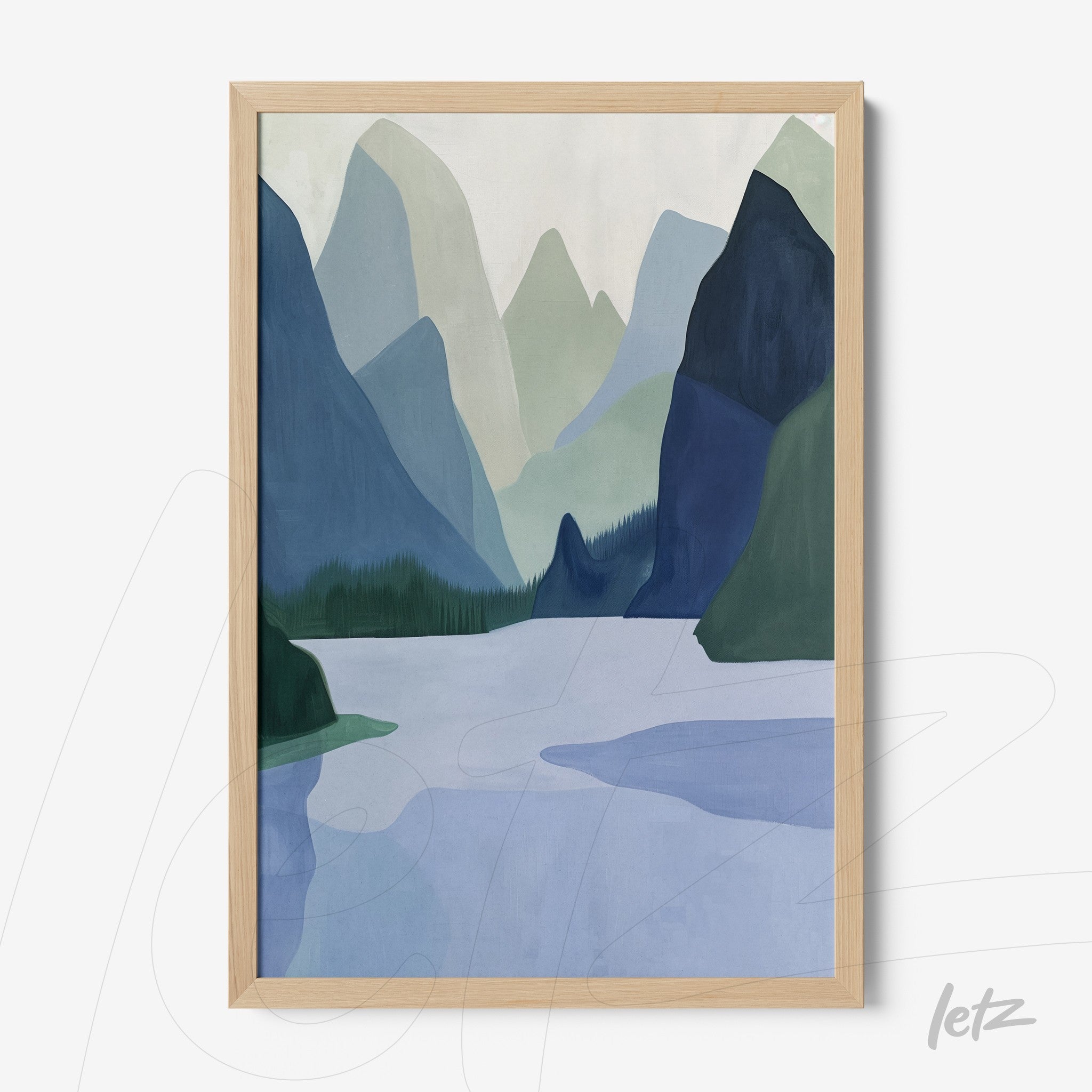 framed wall art depicting a mountain landscape in shades of blue and green with a light wood frame