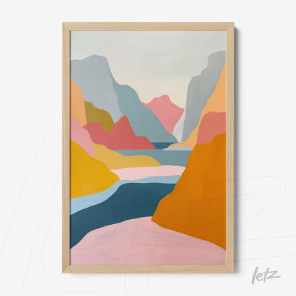 framed art piece featuring abstract colorful mountains with light wooden frame
