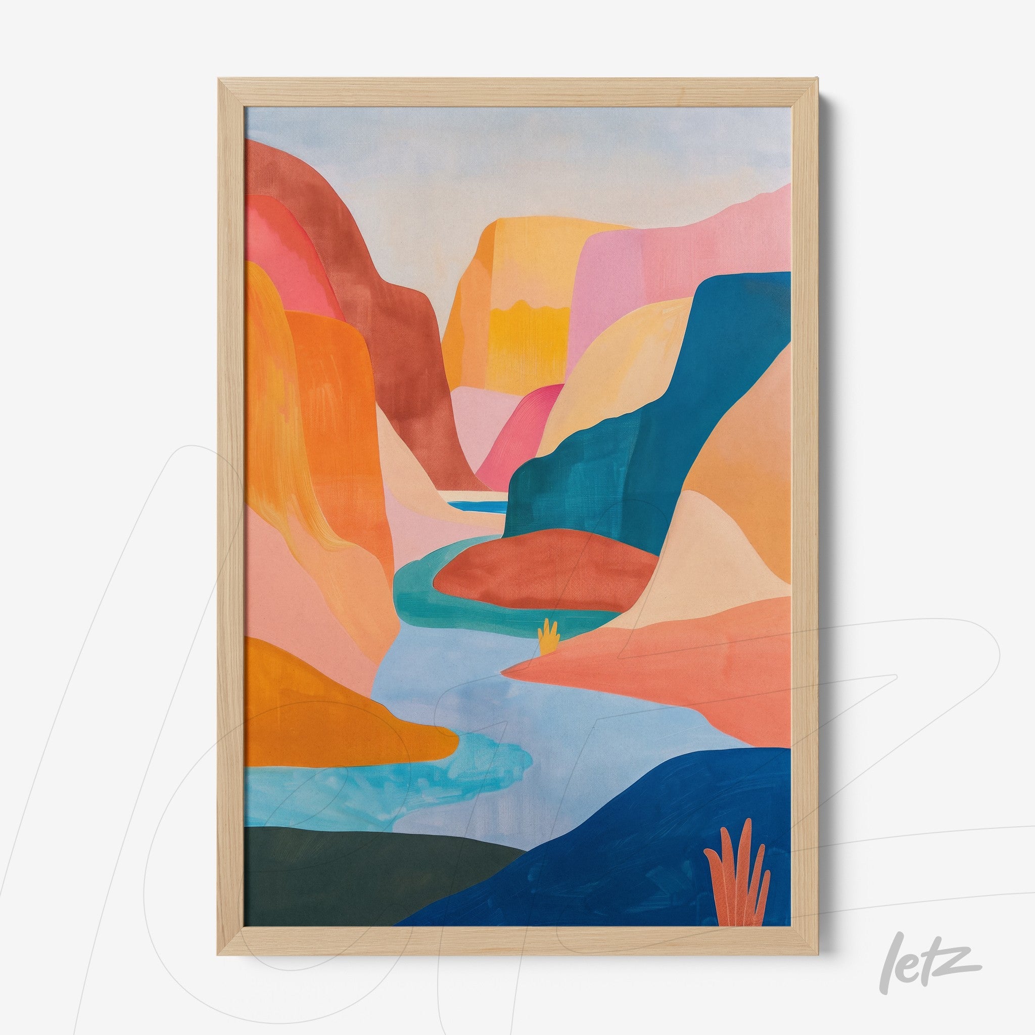 framed abstract art of a mountainous landscape with soft colors and a light wood frame