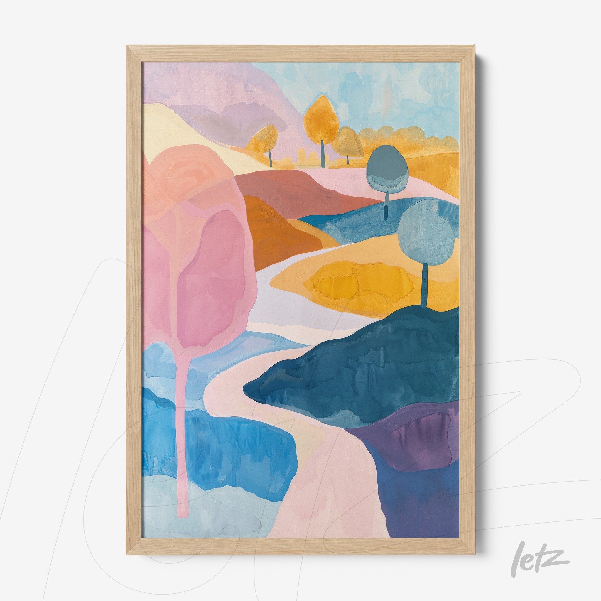 abstract landscape framed art with pastel colors in light wood frame
