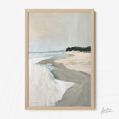 framed abstract artwork of a beach scene featuring sand and waves with a soft background and light wood frame