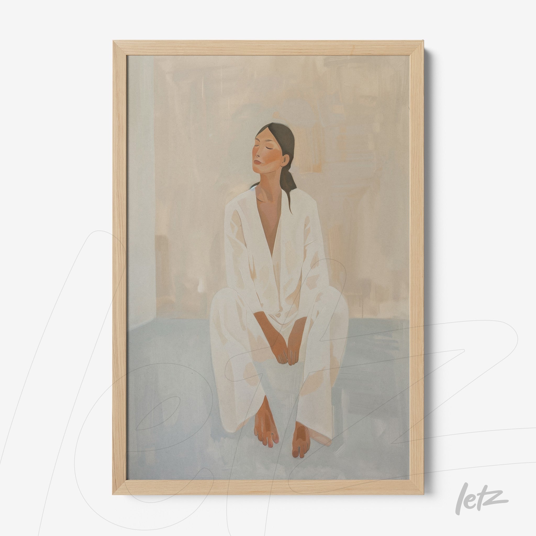 framed artwork of a seated female figure in light clothing with a light wood frame
