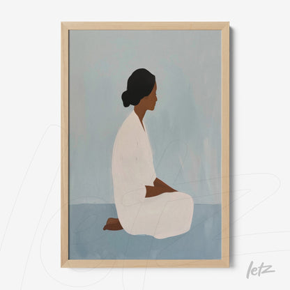 framed minimalist artwork of a seated woman in meditation pose with light wood frame on soft blue background