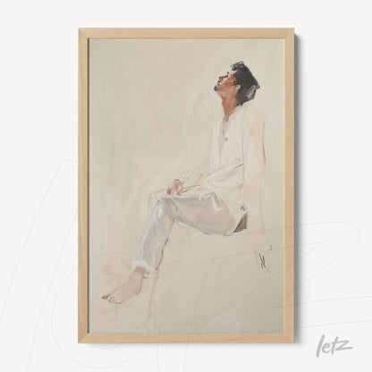 framed artwork featuring an artistic portrait of a man sitting in a contemplative pose with light wood frame
