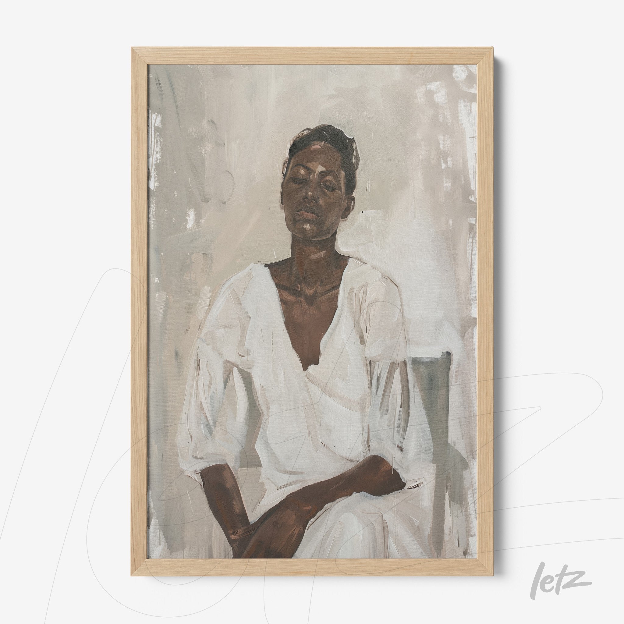 framed wall art featuring a portrait of a seated woman in neutral tones with light wooden frame