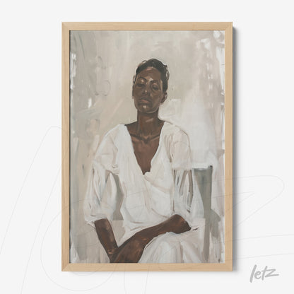 framed wall art featuring a portrait of a seated woman in neutral tones with light wooden frame