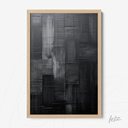 modern art piece featuring abstract black texture in light wood frame