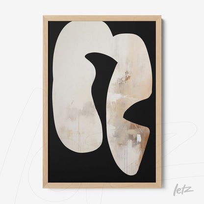 abstract wall art featuring organic shapes on a black background with light wood frame