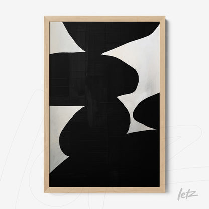 abstract wall art in black and white with light wooden frame