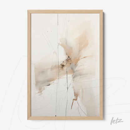 abstract art print in shades of beige and gray in light wood frame