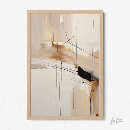 framed wall art featuring abstract painting in neutral tones with black lines, light wood frame