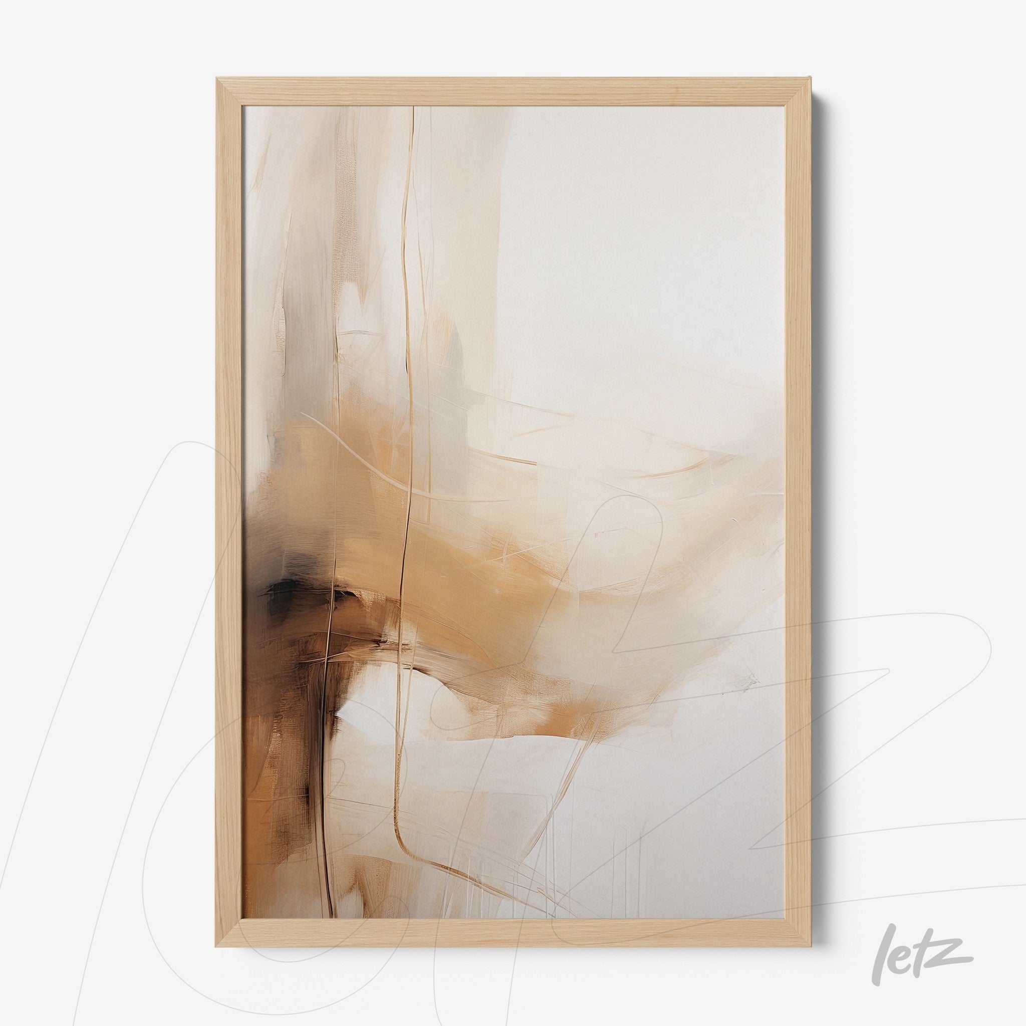 abstract wall art in earthy tones with fluid composition in light wood frame