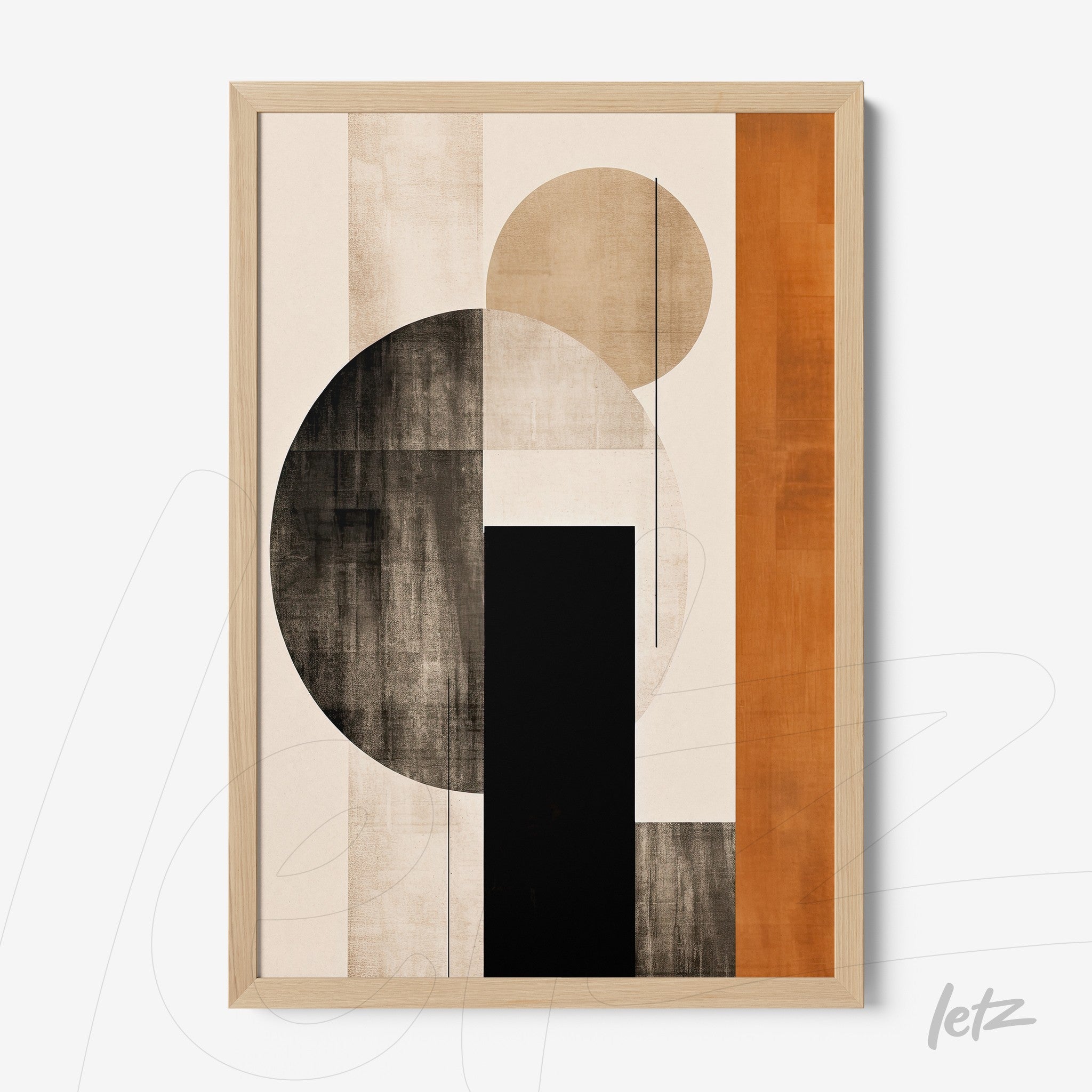framed abstract wall art featuring geometric shapes in black, white, and orange with a light wood frame