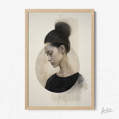 framed artwork featuring a minimalist portrait of a woman in neutral tones with a light wooden frame