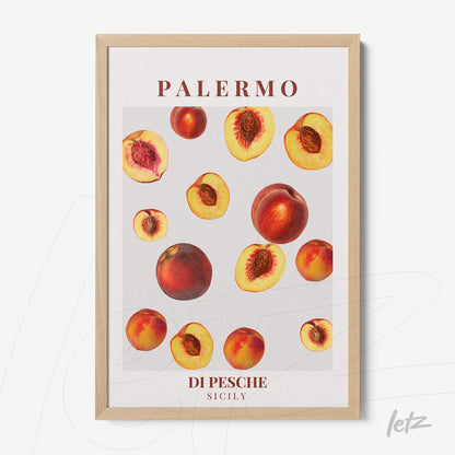 framed art print featuring various peach illustrations on a light background with a light wood frame