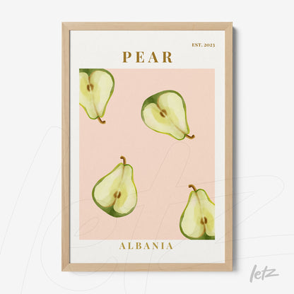 framed wall art featuring illustrations of pears on a pink background with the text 'PEAR' at the top