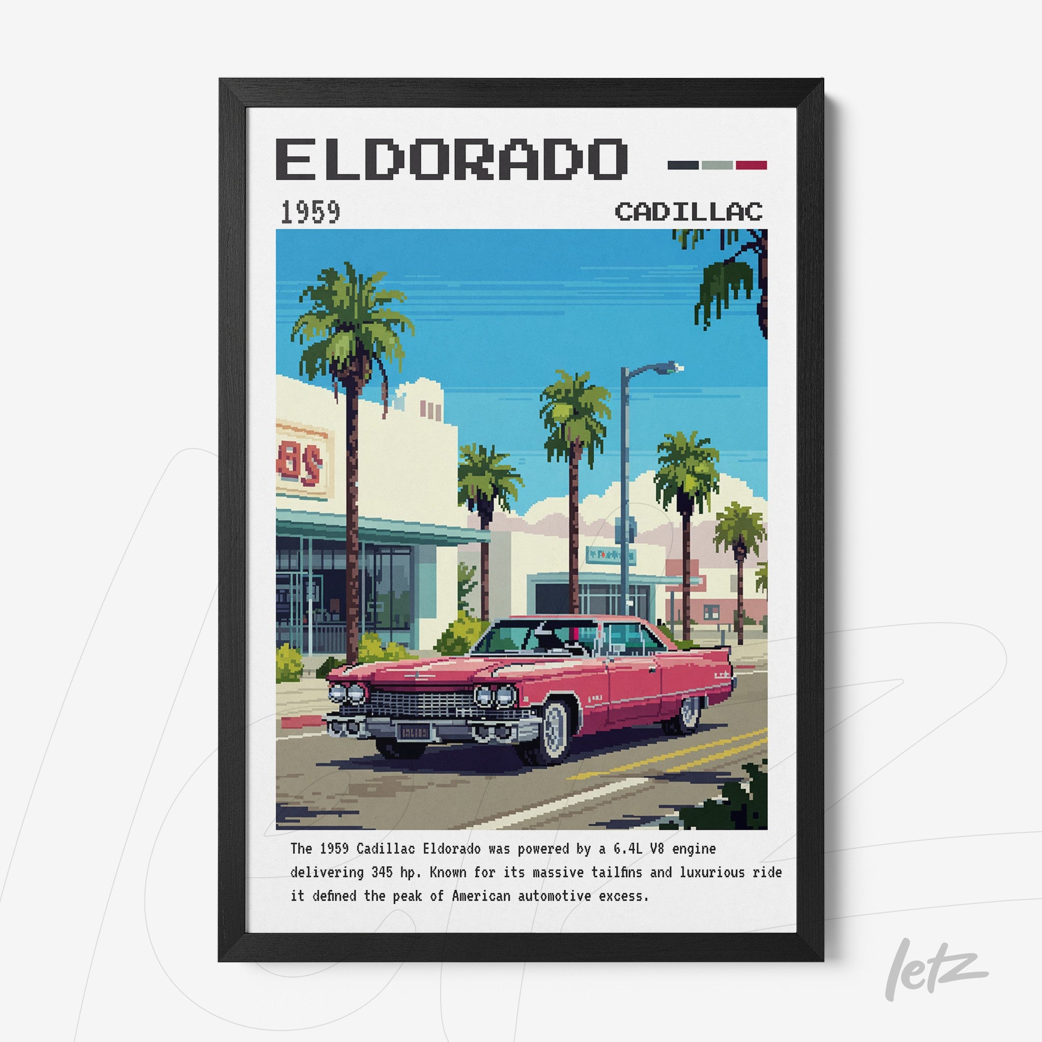 framed pixel art of a 1959 Cadillac Eldorado on a sunny street with palm trees and buildings in the background