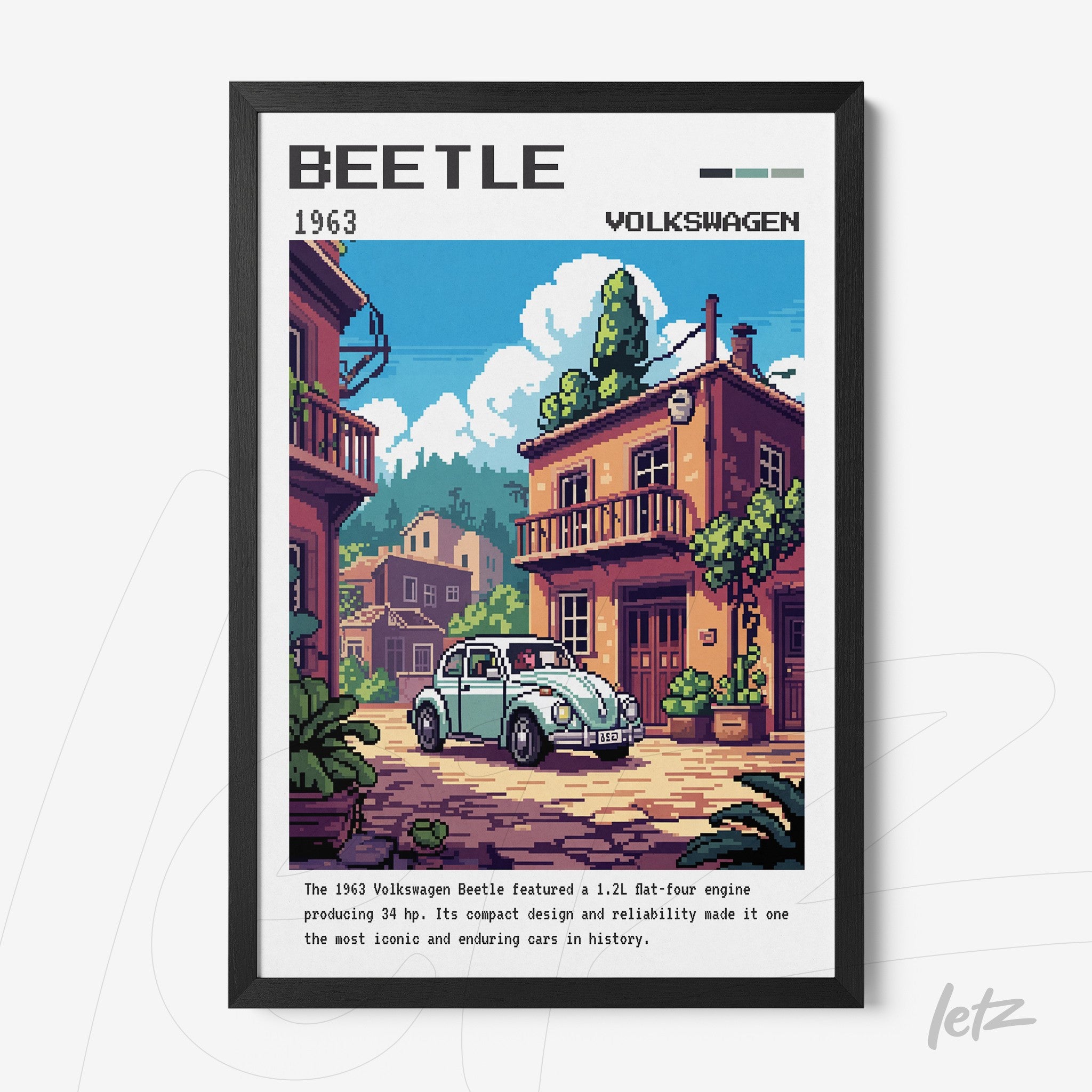 framed pixel art of a 1963 Volkswagen Beetle in an urban setting with a black frame