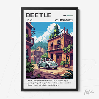 framed pixel art of a 1963 Volkswagen Beetle in an urban setting with a black frame