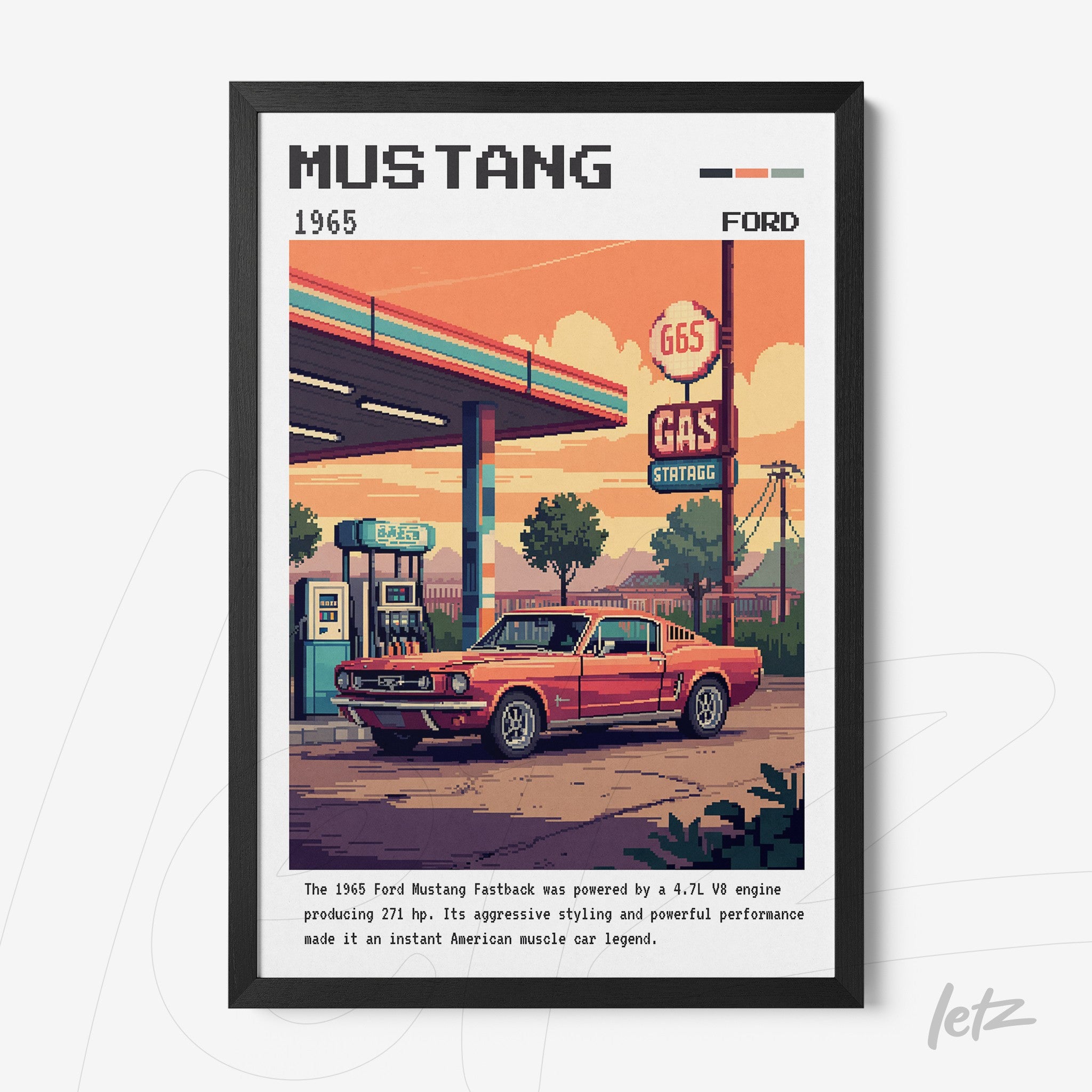 pixel art wall art featuring a 1965 Ford Mustang in front of a gas station with a black frame