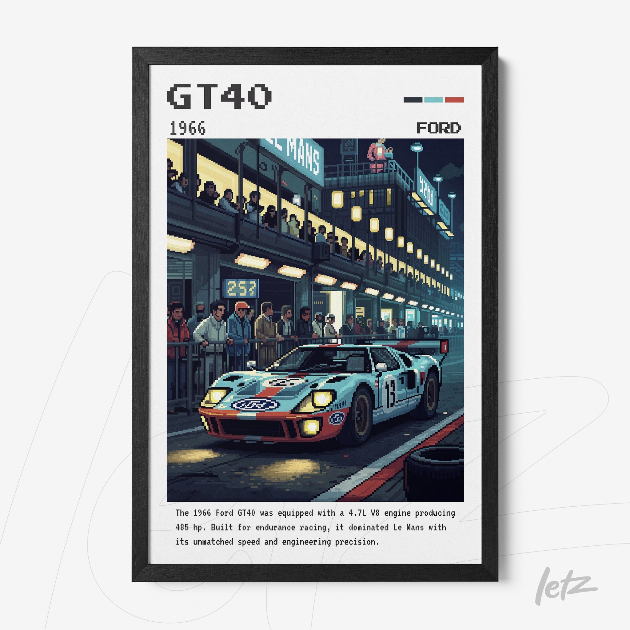 framed digital art of the 1966 Ford GT40 car with a black frame, featuring the backdrop of the 24 Hours of Le Mans race