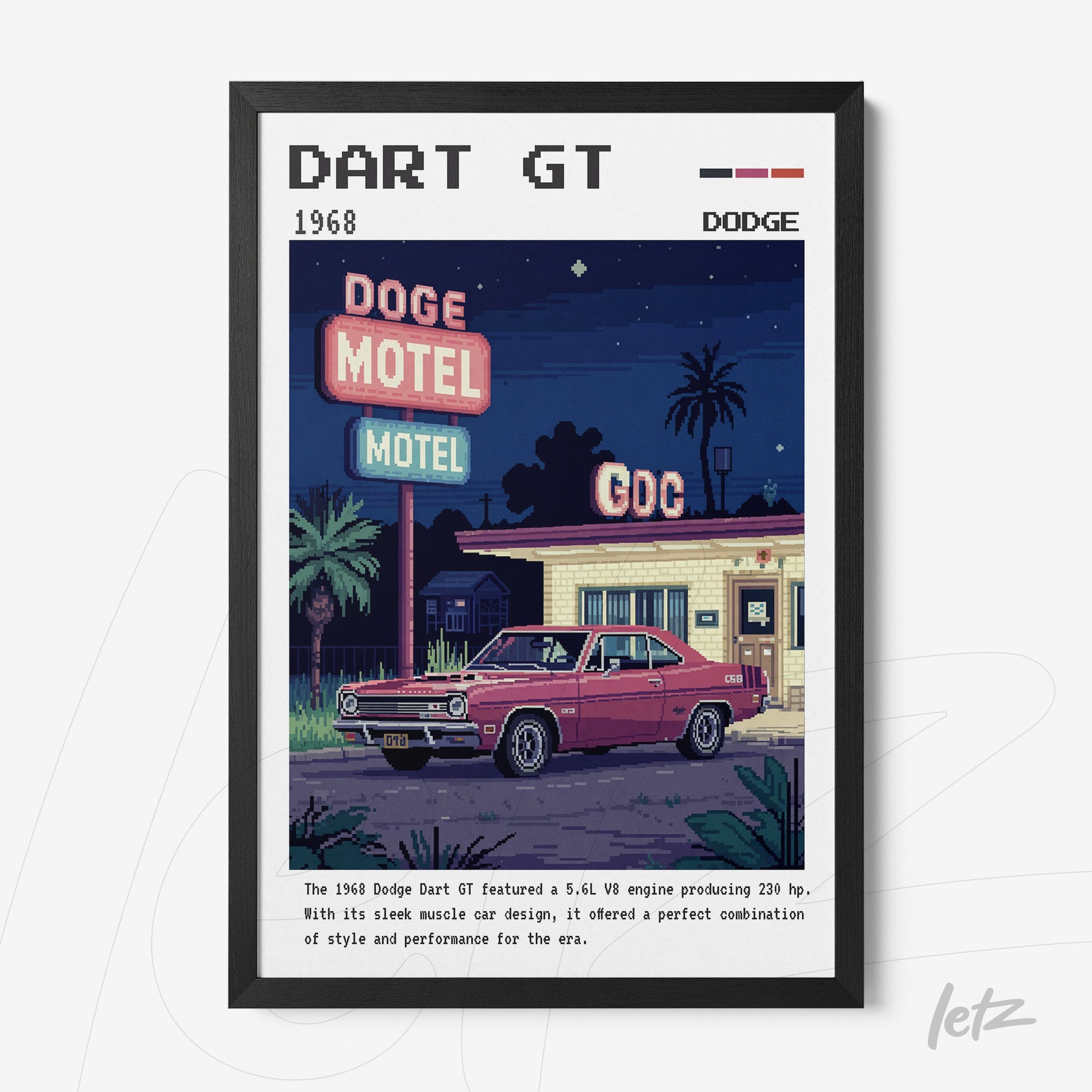 framed retro illustration of a 1968 Dodge Dart GT parked in front of a brightly lit motel