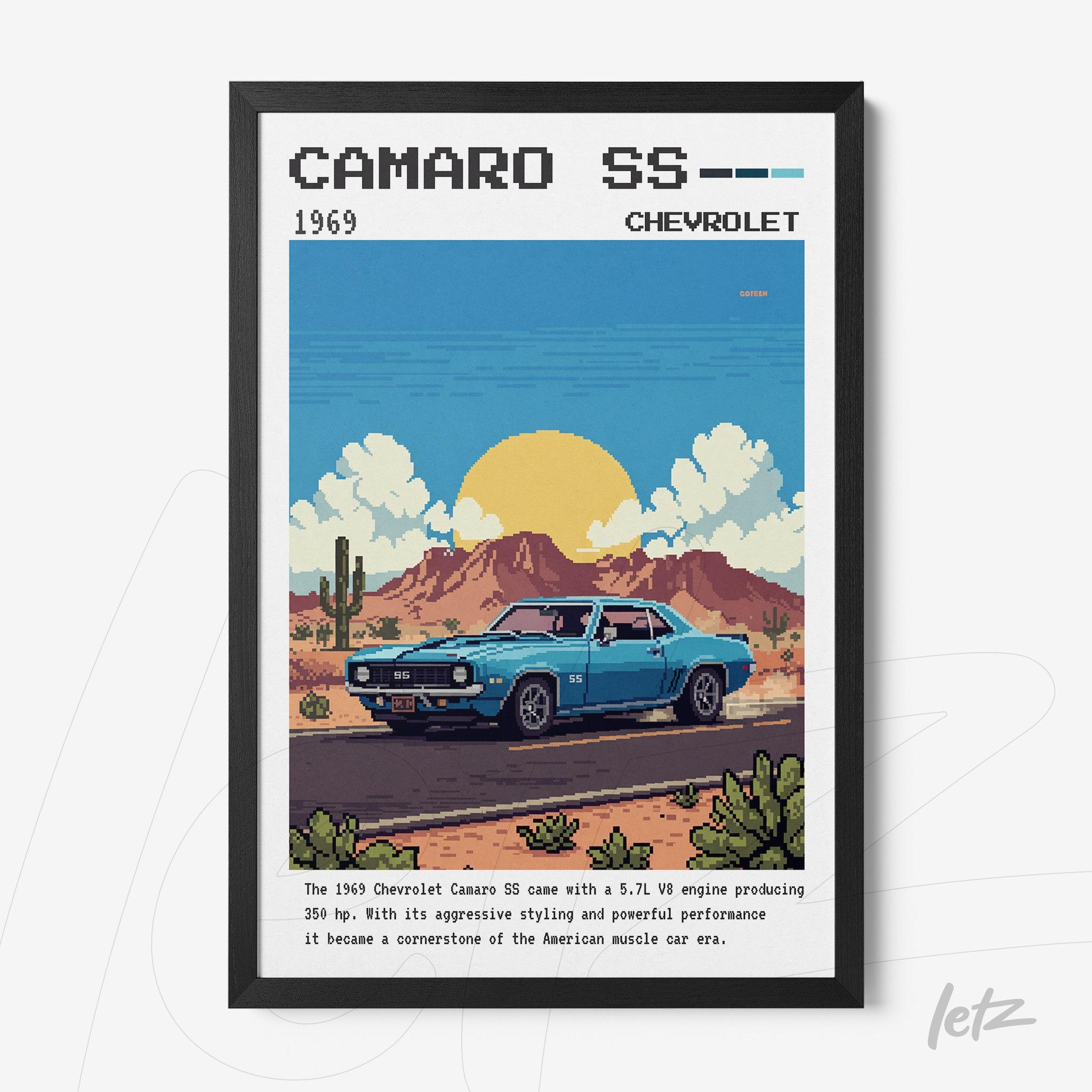 retro style framed art of 1969 chevrolet camaro ss in black frame with desert background and distant mountains