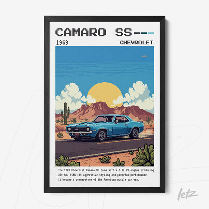 retro style framed art of 1969 chevrolet camaro ss in black frame with desert background and distant mountains