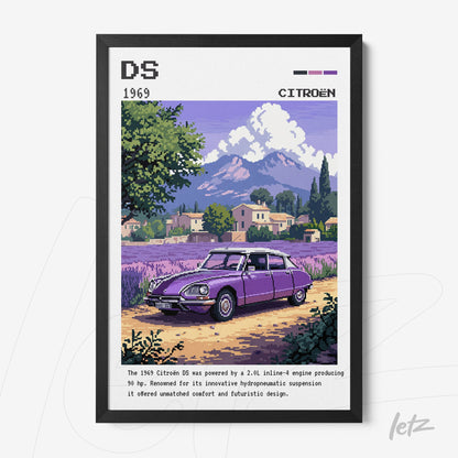 framed digital artwork of a purple Citroën DS car parked in a floral field with mountains in the background