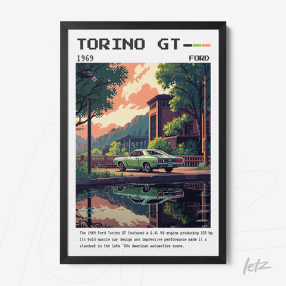 framed digital art of the 1969 Ford Torino GT reflecting on calm water with a black frame