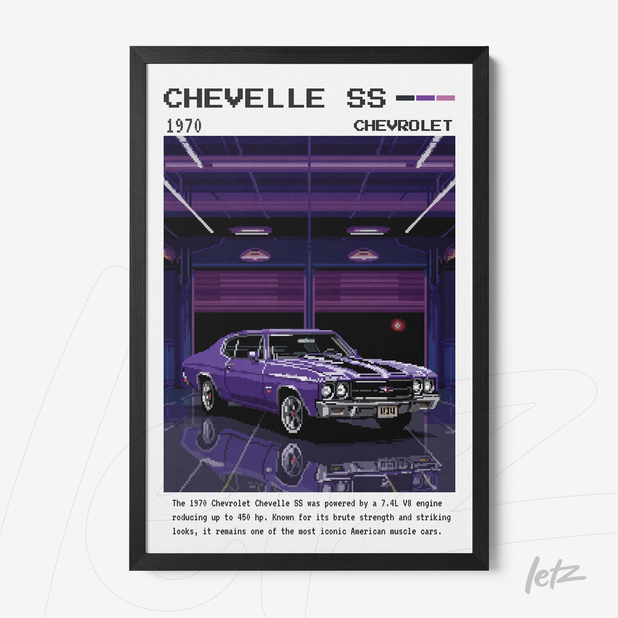 pixel art framed wall art of 1970 Chevrolet Chevelle SS in black frame