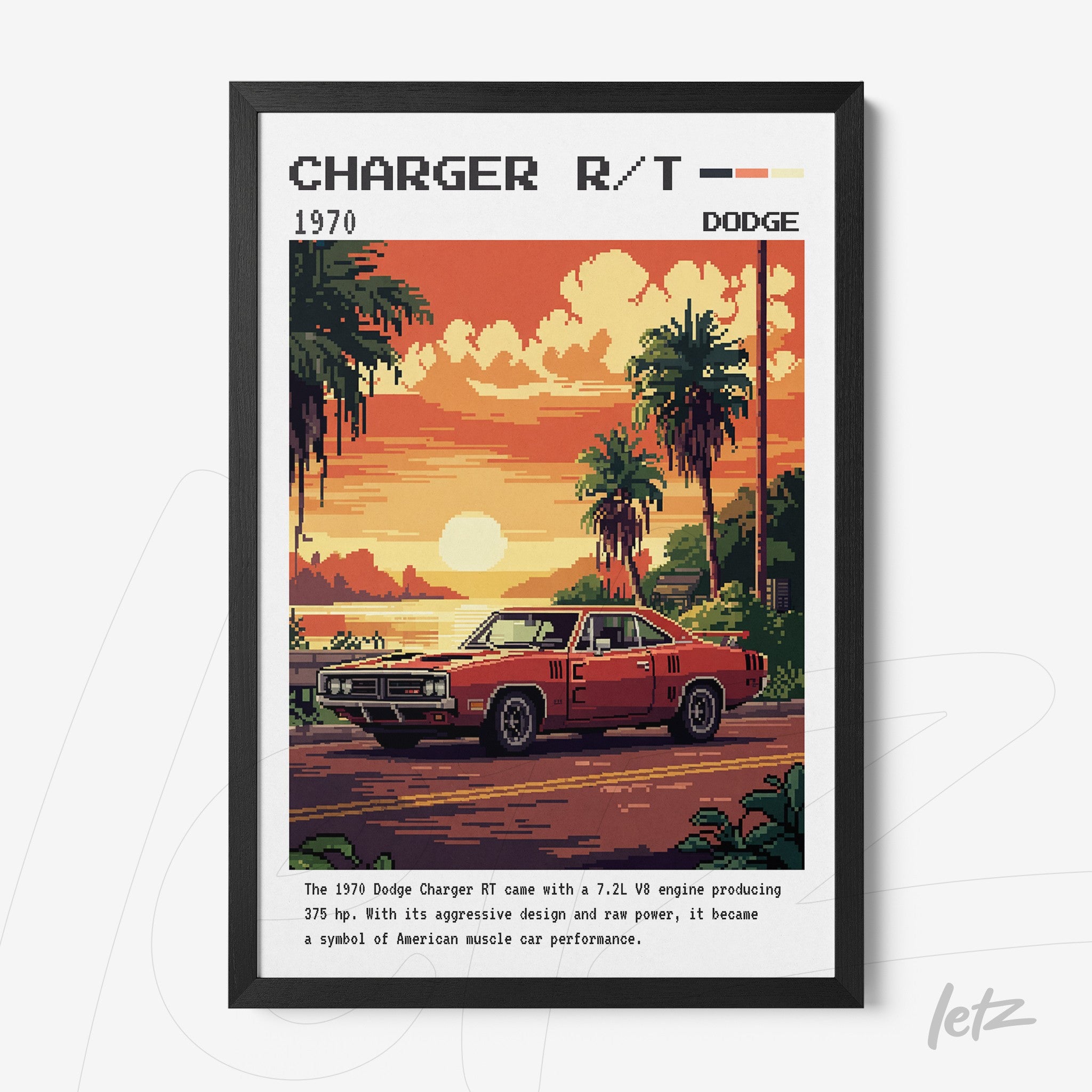 retro wall art featuring a 1970 Dodge Charger R/T in a tropical setting with black frame