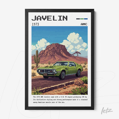 framed digital art of a 1973 Javelin car parked in a desert landscape, featuring pixelated elements and a black frame