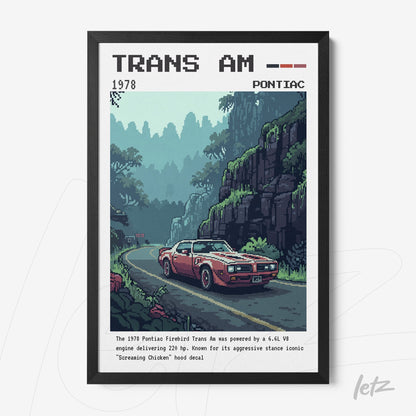 pixel art of a Pontiac Trans Am car framed in black, set against a backdrop of green mountains