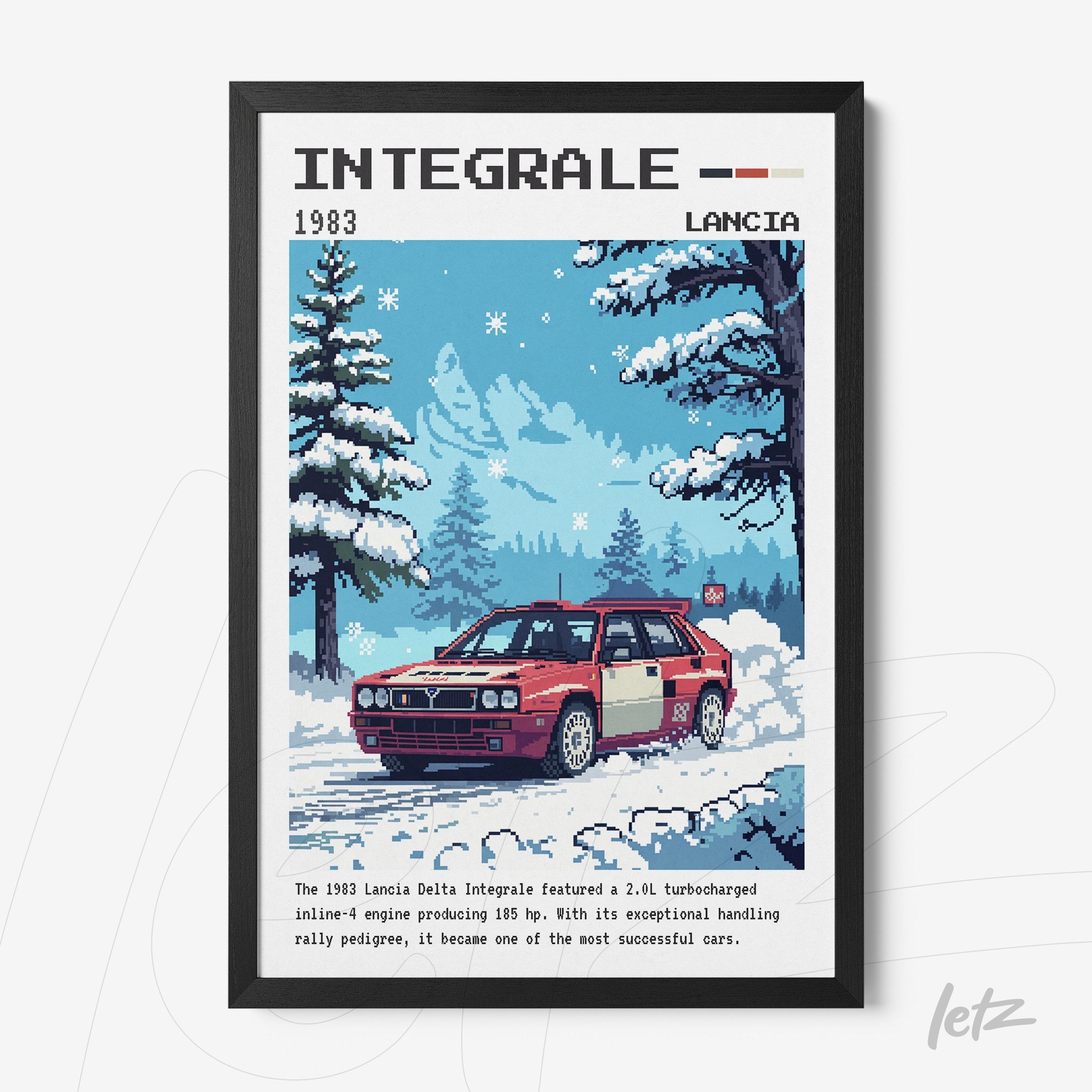 artistic portrait of Lancia Delta Integrale in pixel art style with black frame