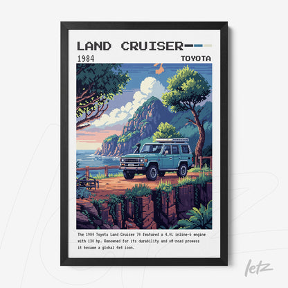 framed wall art featuring pixel art of the Toyota Land Cruiser with a black frame