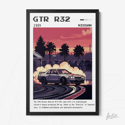 framed wall art featuring the 1989 Nissan Skyline GT-R R32 drifting with smoke and a sunset background