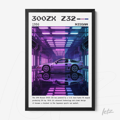 retro style framed art of a Nissan 300ZX Z32 car with a black frame, featuring a neon background in shades of purple and blue
