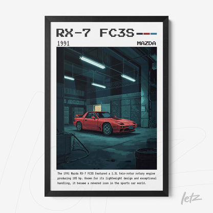 retro wall art featuring a red Mazda RX-7 FC3S in a dark garage setting with a black frame