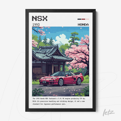 pixel art print of the 1993 Honda NSX in front of a traditional house surrounded by cherry blossom trees