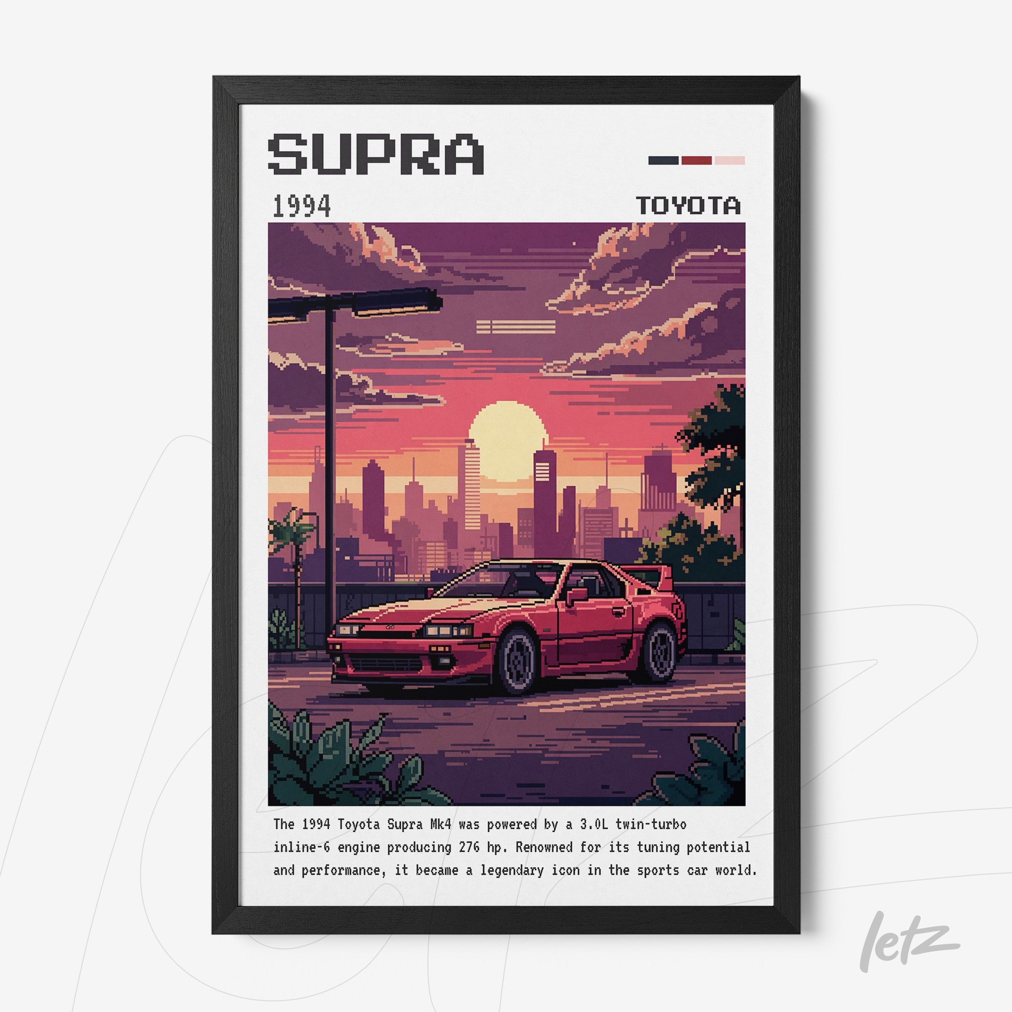 retro digital art print featuring a 1994 toyota supra in an urban sunset scene with black frame
