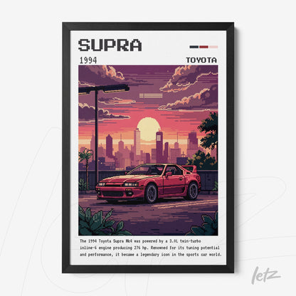 retro digital art print featuring a 1994 toyota supra in an urban sunset scene with black frame