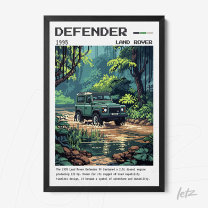 retro style illustration of a Land Rover Defender in a natural landscape with black frame