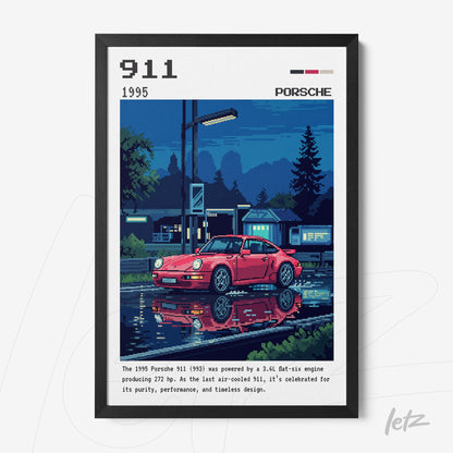 pixel art of a 1995 Porsche 911 reflected in water with a black frame