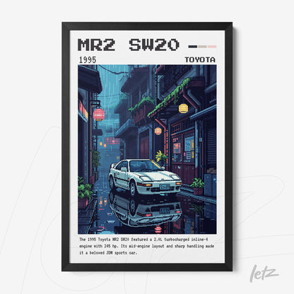 framed digital artwork of a white sports car on a rainy street illuminated by neon lights