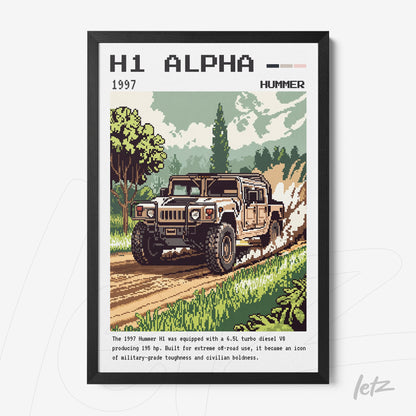 retro style wall art of 1997 Hummer H1 in black frame