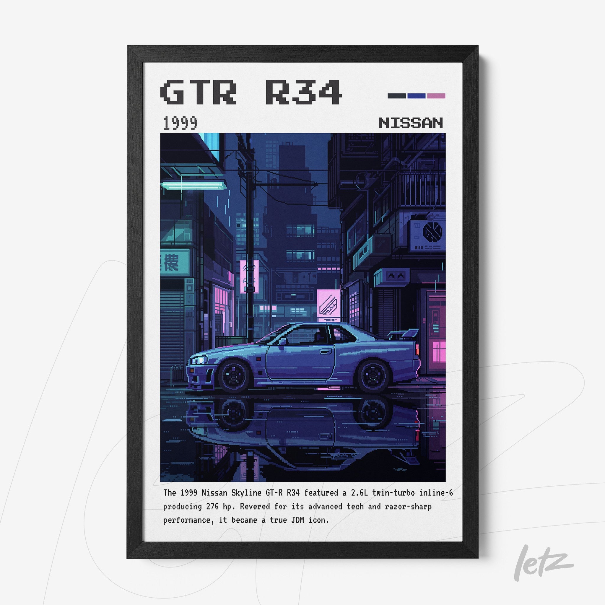digital artwork of Nissan GTR R34 in vibrant colors with black frame