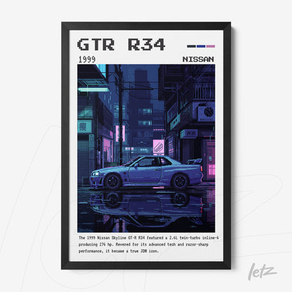 digital artwork of Nissan GTR R34 in vibrant colors with black frame