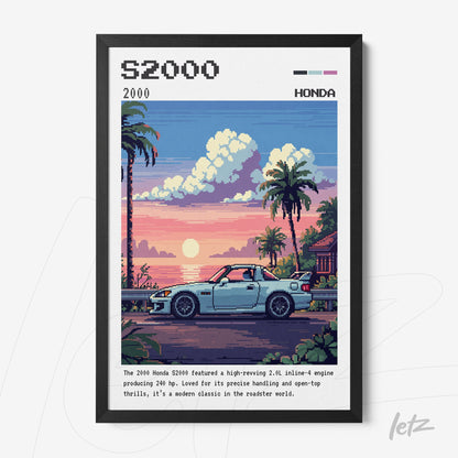 pixel art framed wall art of a Honda S2000 sports car in a tropical landscape with palm trees